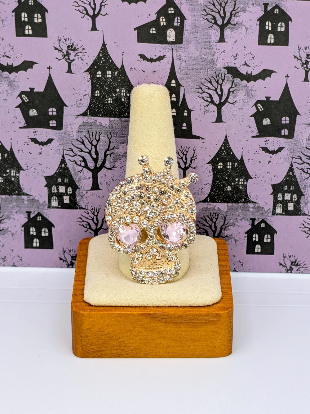 Gold-Tone Metal Skull Brooch With White Rhinestone & Pink Faux Gem Eyes
